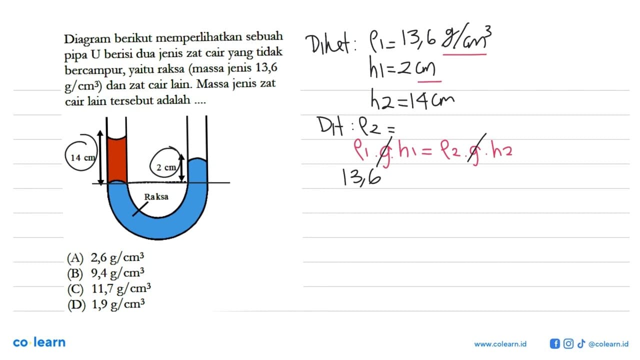 Diagram berikut memperlikan sebuah pipa U berisi dua jenis