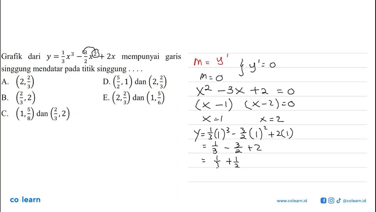 Grafik dari y=1/3 x^3-3/2 x^2+2x mempunyai garis singgung