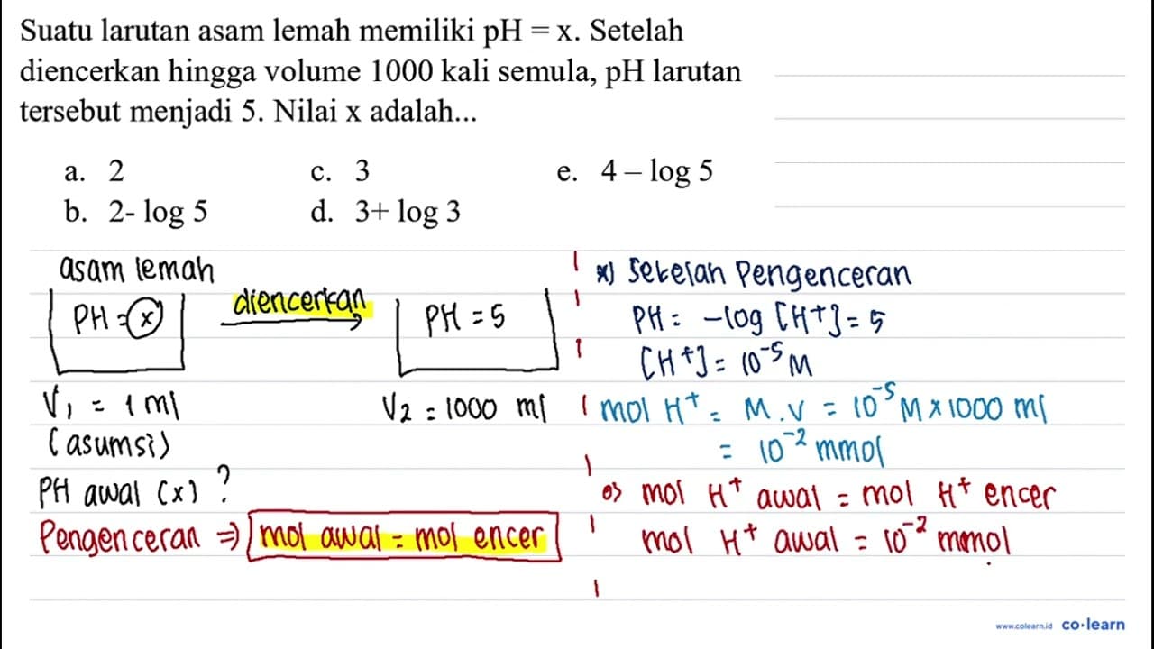 Suatu larutan asam lemah memiliki pH=x . Setelah diencerkan