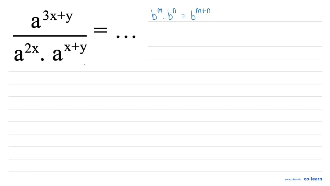 (a^(3 x+y))/(a^(2 x) . a^(x+y))=..