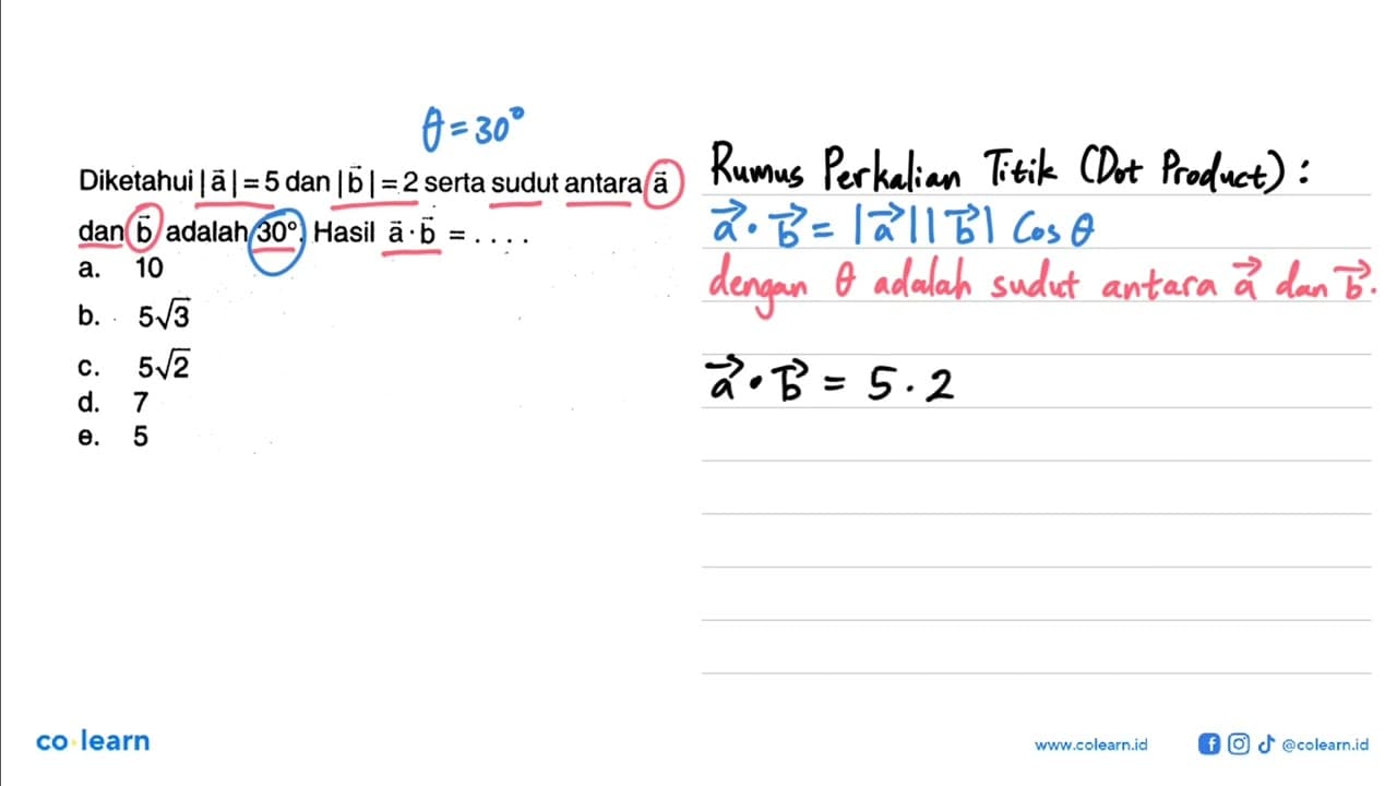 Diketahui |vektor a|=5 dan |vektor b|=2 serta sudut antara