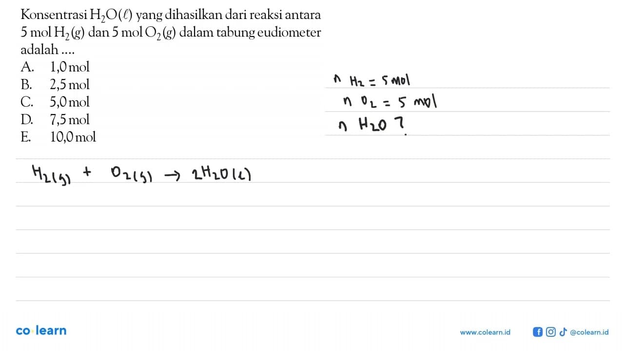 Konsentrasi H2O(l) yang dihasilkan dari reaksi antara 5 mol