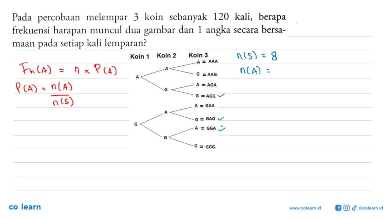 Pada percobaan melempar 3 koin sebanyak 120 kali, berapa