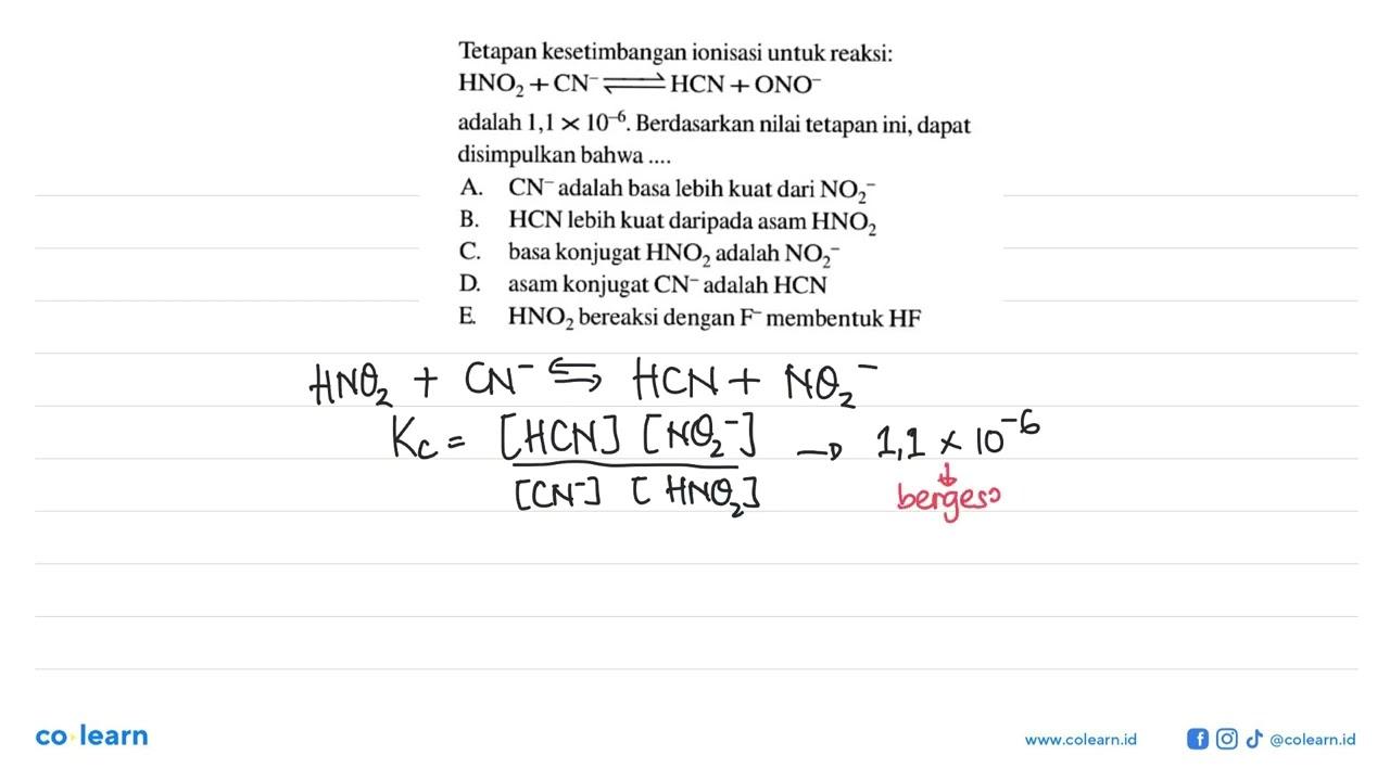 Tetapan kesetimbangan ionisasi untuk reaksi: HNO2 + CN^-