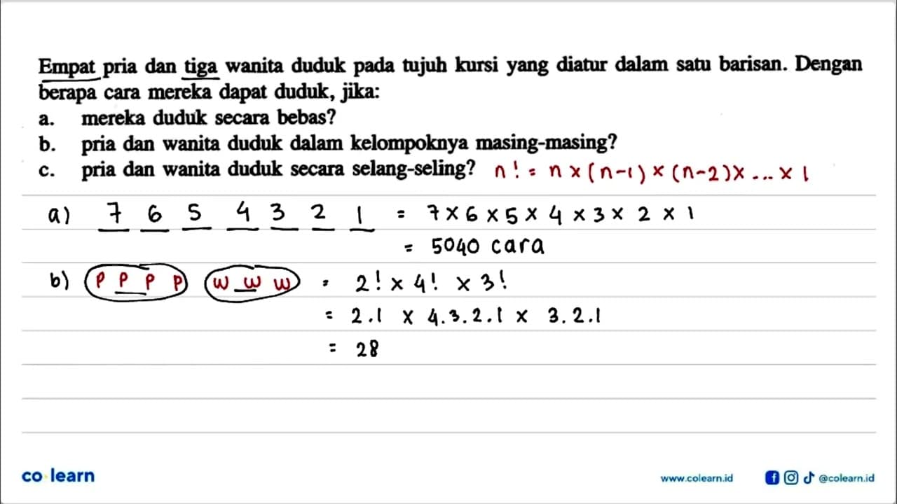 Empat pria dan tiga wanita duduk pada tujuh kursi yang