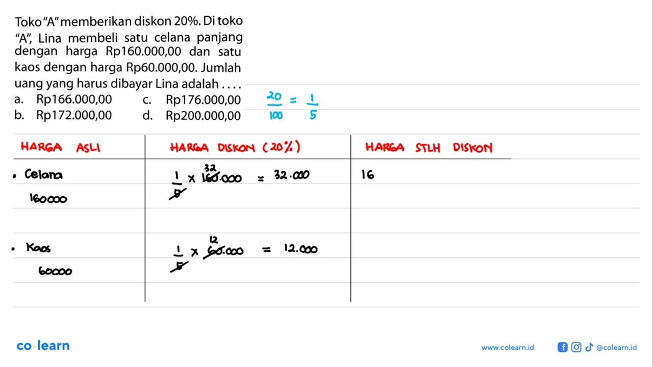 Toko 'A' memberikan diskon 20%. Di toko 'A', Lina membeli