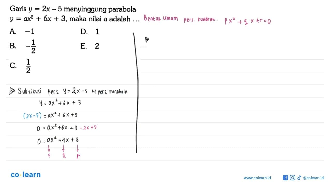 Garis y=2x-5 menyinggung parabola y=ax^2+6x+3, maka nilai a