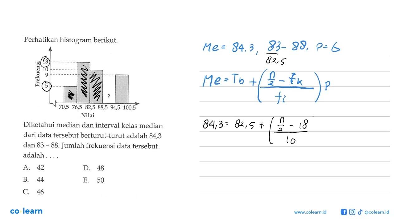 Perhatikan histogram berikut. Diketahui median dan interval