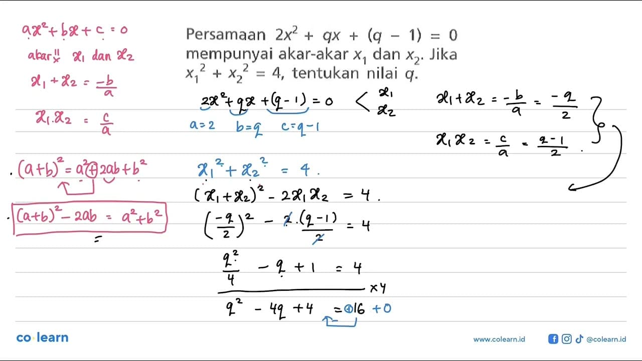 Persamaan 2x^2 + qx + (q - 1) = 0 mempunyai akar-akar x_1