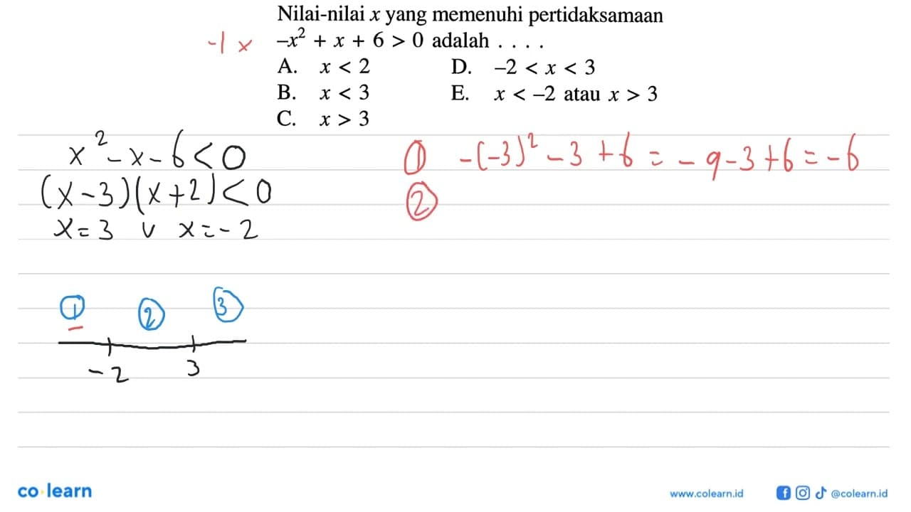 Nilai-nilai x yang memenuhi pertidaksamaan -x^2+x+6>0