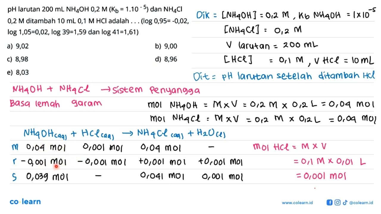 pH larutan 200 mL NH4 OH 0,2 M(Kb=1.10^-5) dan NH4 Cl 0,2 M