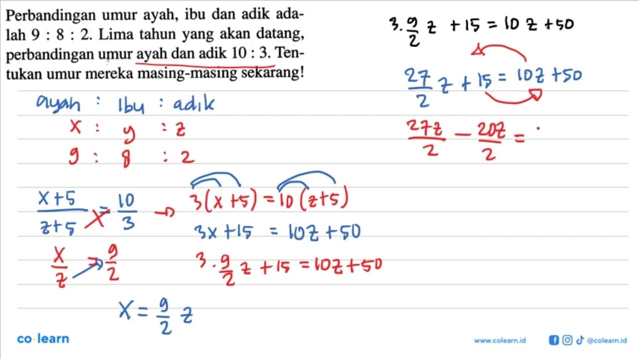 Perbandingan umur ayah, ibu dan adik adalah 9:8:2 . Lima