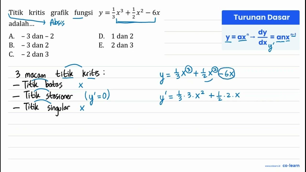 Titik kritis grafik fungsi y=(1/3)x^3+(1/2)x^2-6x adalah...