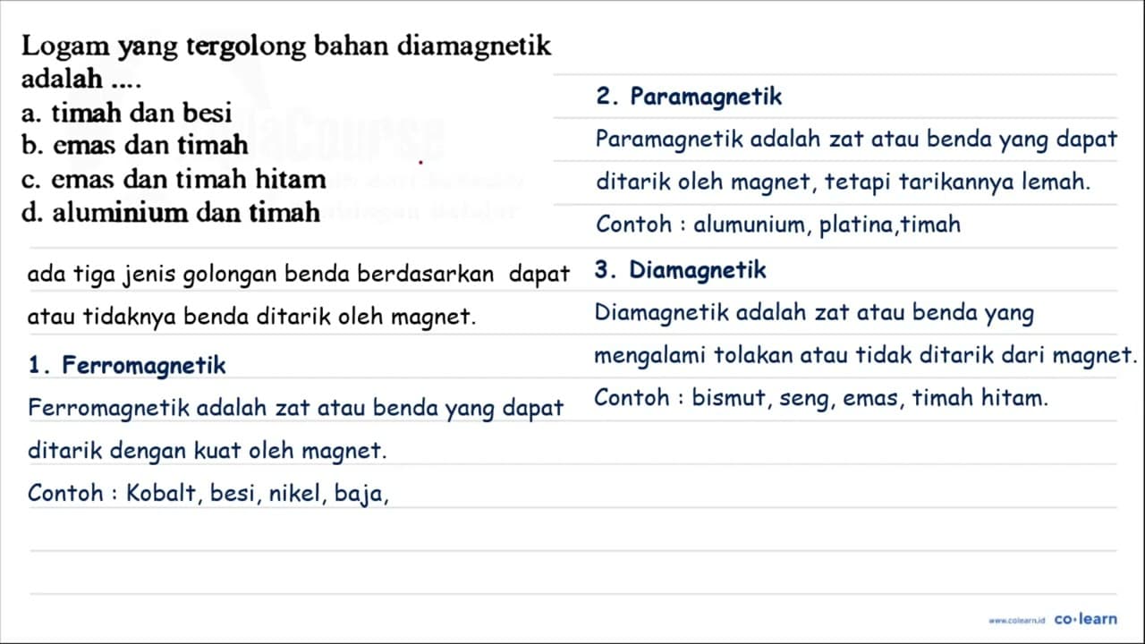 Logam yang tergolong bahan diamagnetik adalah ....