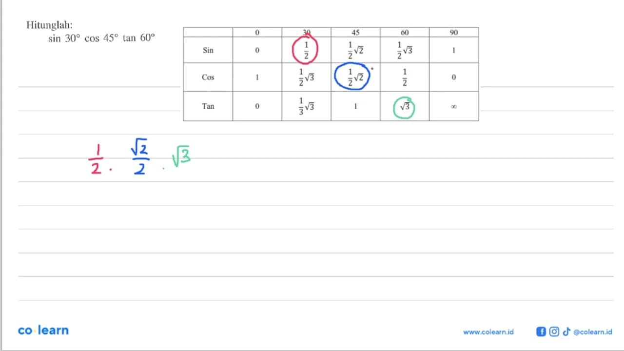 Hitunglah: sin 30 cos 45 tan 60