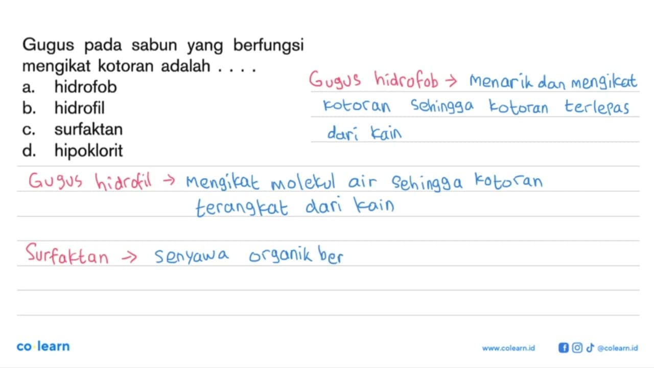 Gugus pada sabun yang berfungsi mengikat kotoran adalah