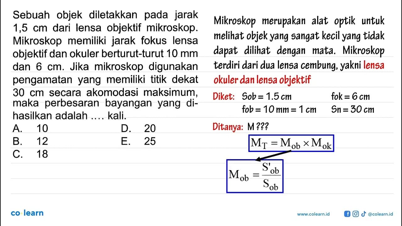 Sebuah objek diletakkan pada jarak 1,5 cm dari lensa