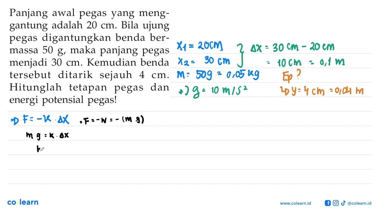 Panjang awal pegas yang menggantung adalah 20 cm. Bila