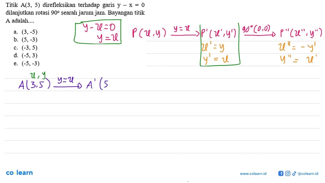 Titik A(3,5) direfleksikan terhadap garis y-x=0 dilanjutkan