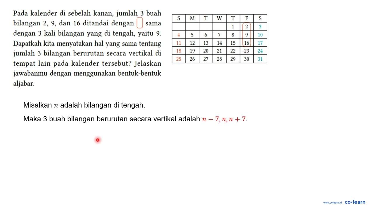 Pada kalender di sebelah kanan, jumlah 3 buah bilangan 2,