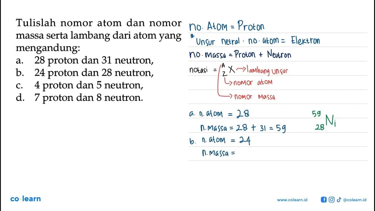 Tulislah nomor atom dan nomor massa serta lambang dari atom