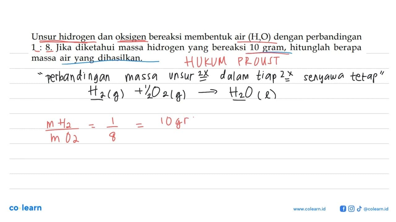 Unsur hidrogen dan oksigen bereaksi membentuk air (H2O)