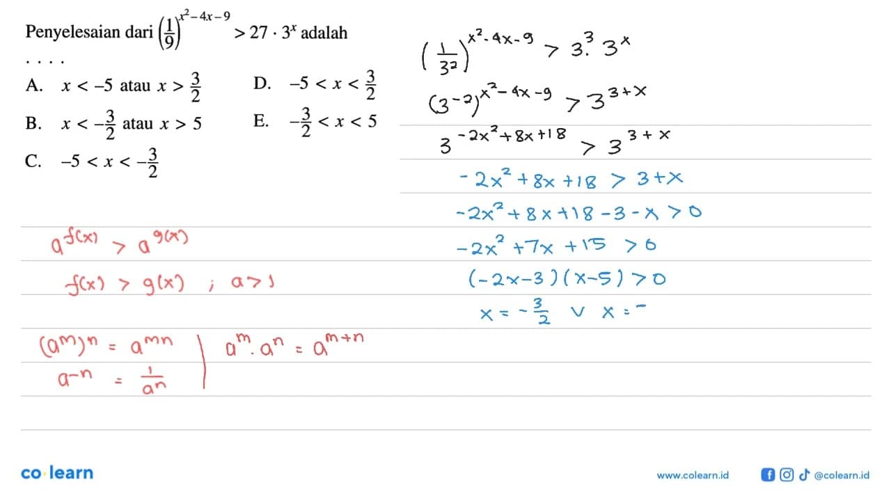 Penyelesaian dari (1/9)^(x^2-4x-9)>27.3^x adalah....