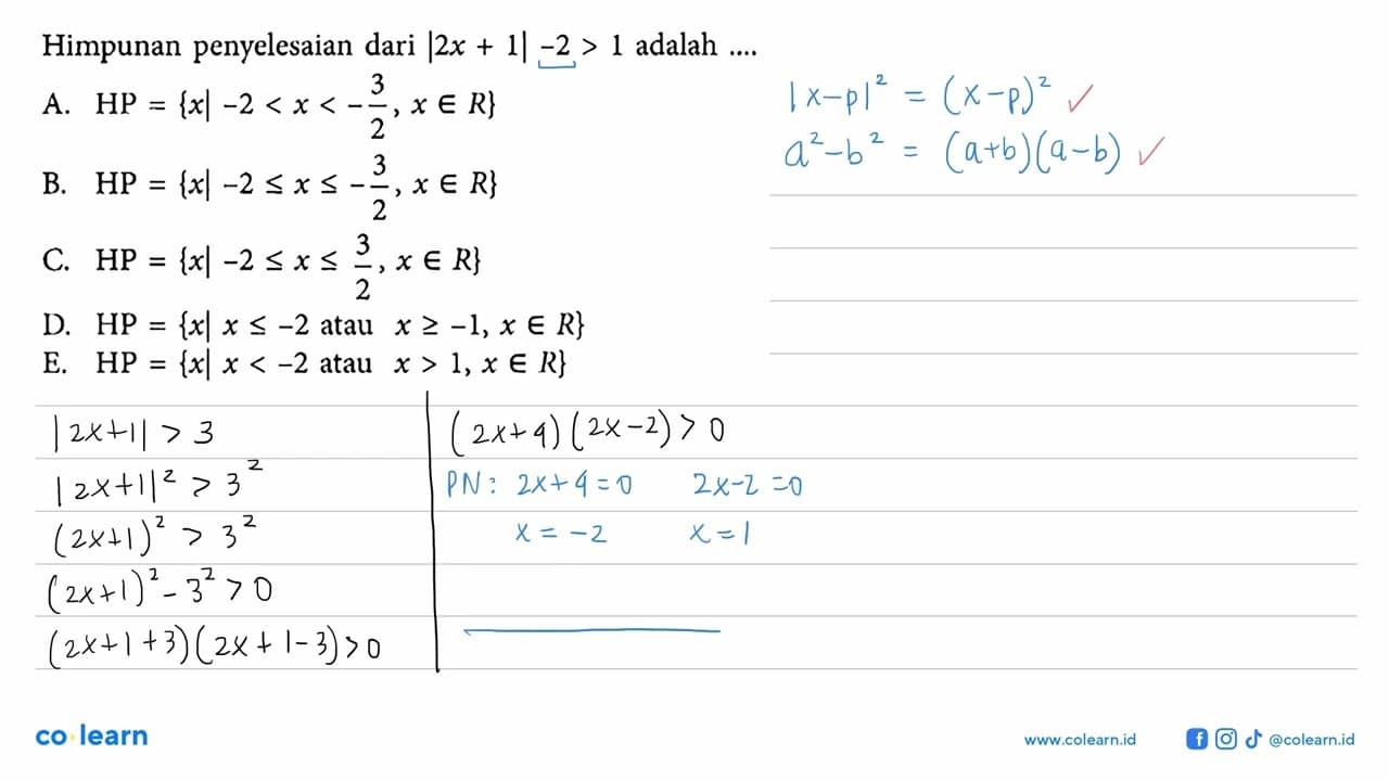 Himpunan penyelesaian dari |2x+1|-2>1 adalah ....