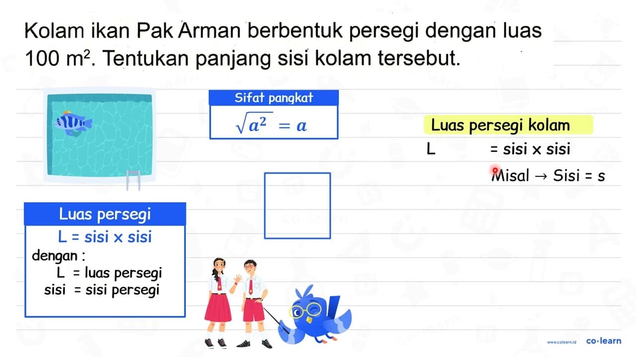 Kolam ikan Pak Arman berbentuk persegi dengan luas 100