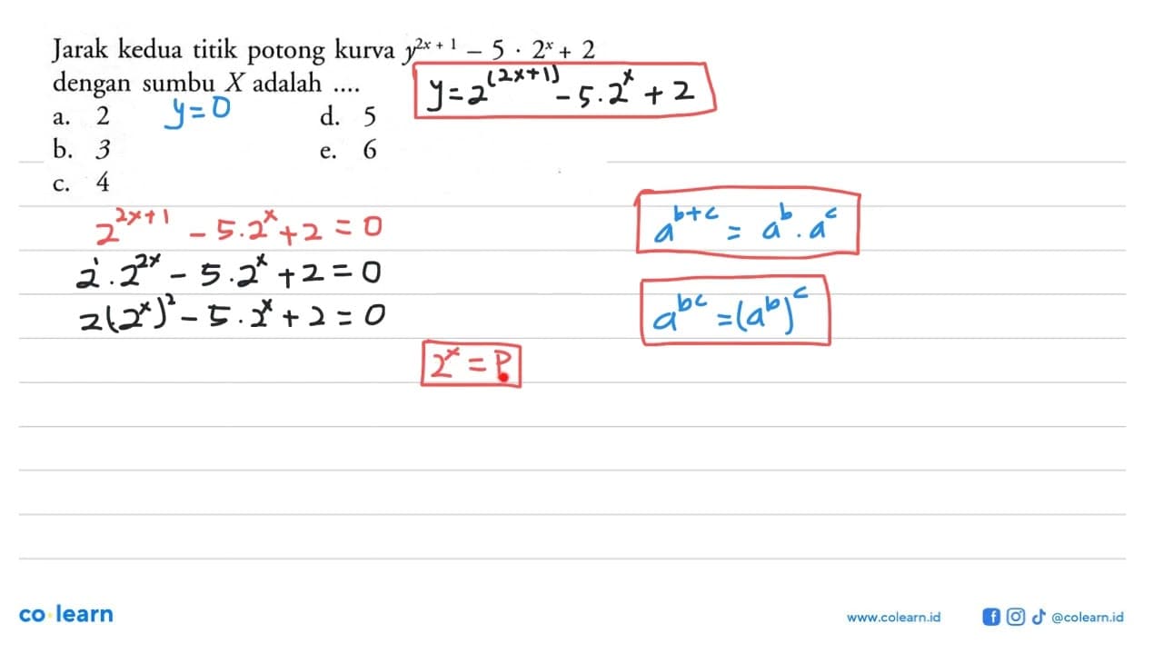 Jarak kedua titik potong kurva y^(2x+1)-5.2^x+2 dengan