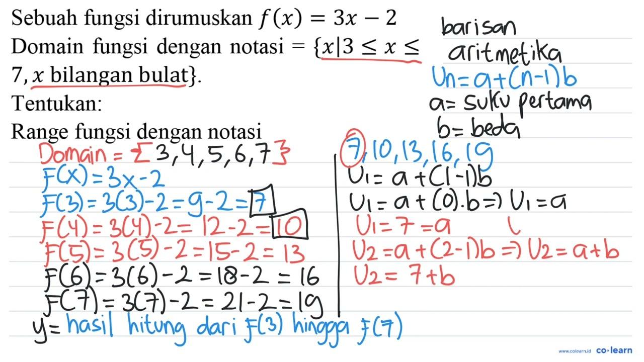 Sebuah fungsi dirumuskan f(x)=3 x-2 Domain fungsi dengan