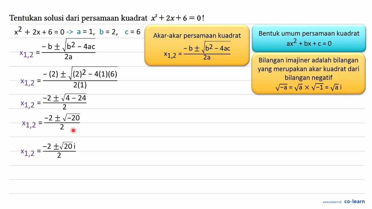 Tentukan solusi dari persamaan kuadrat x^2 + 2x + 6 = 0!