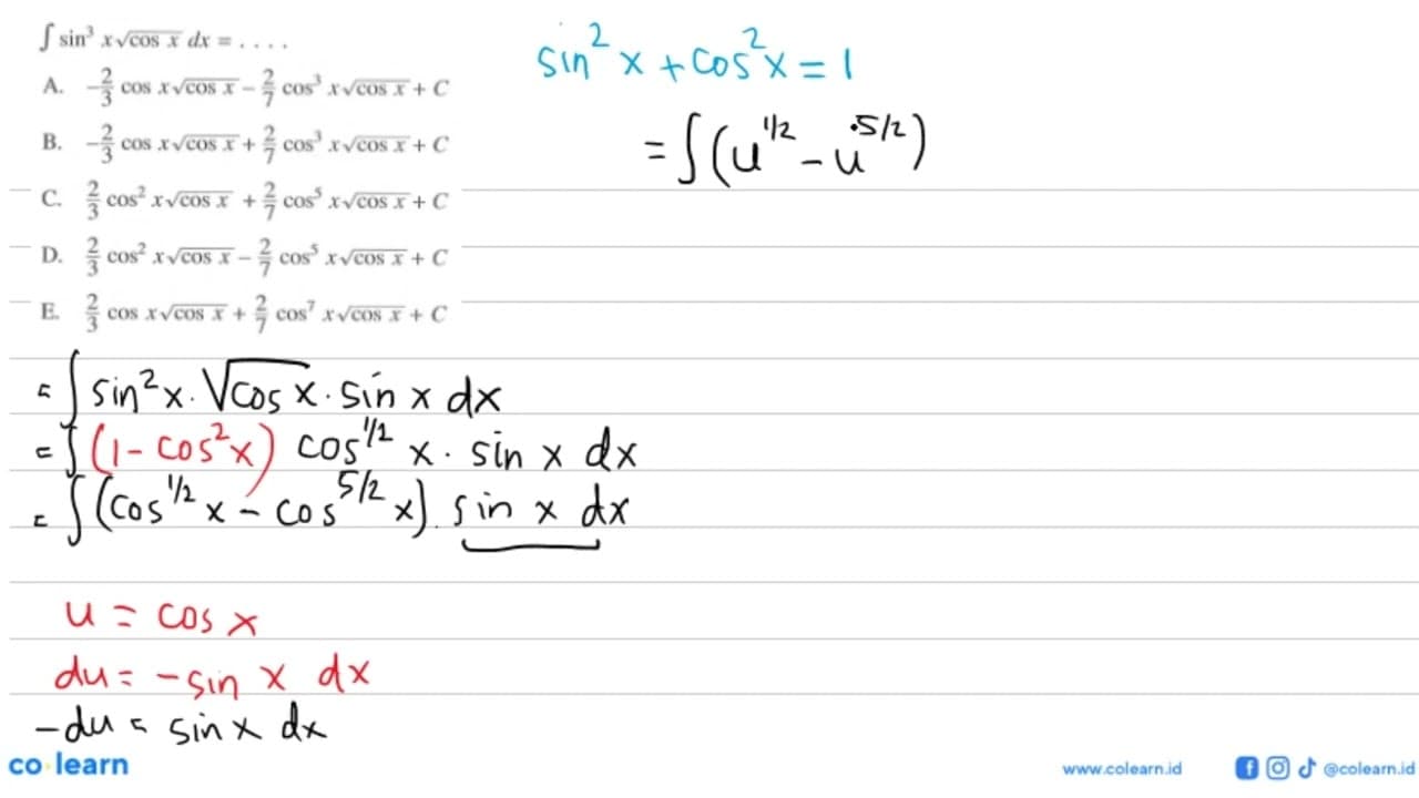 integral sin^3 x akar(cos x) dx=...