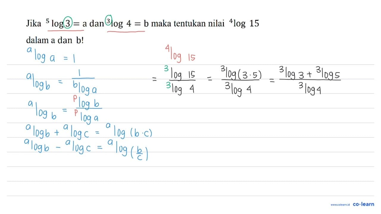 Jika 5log3 = a dan 3log4 = b maka tentukan nilai 4log15