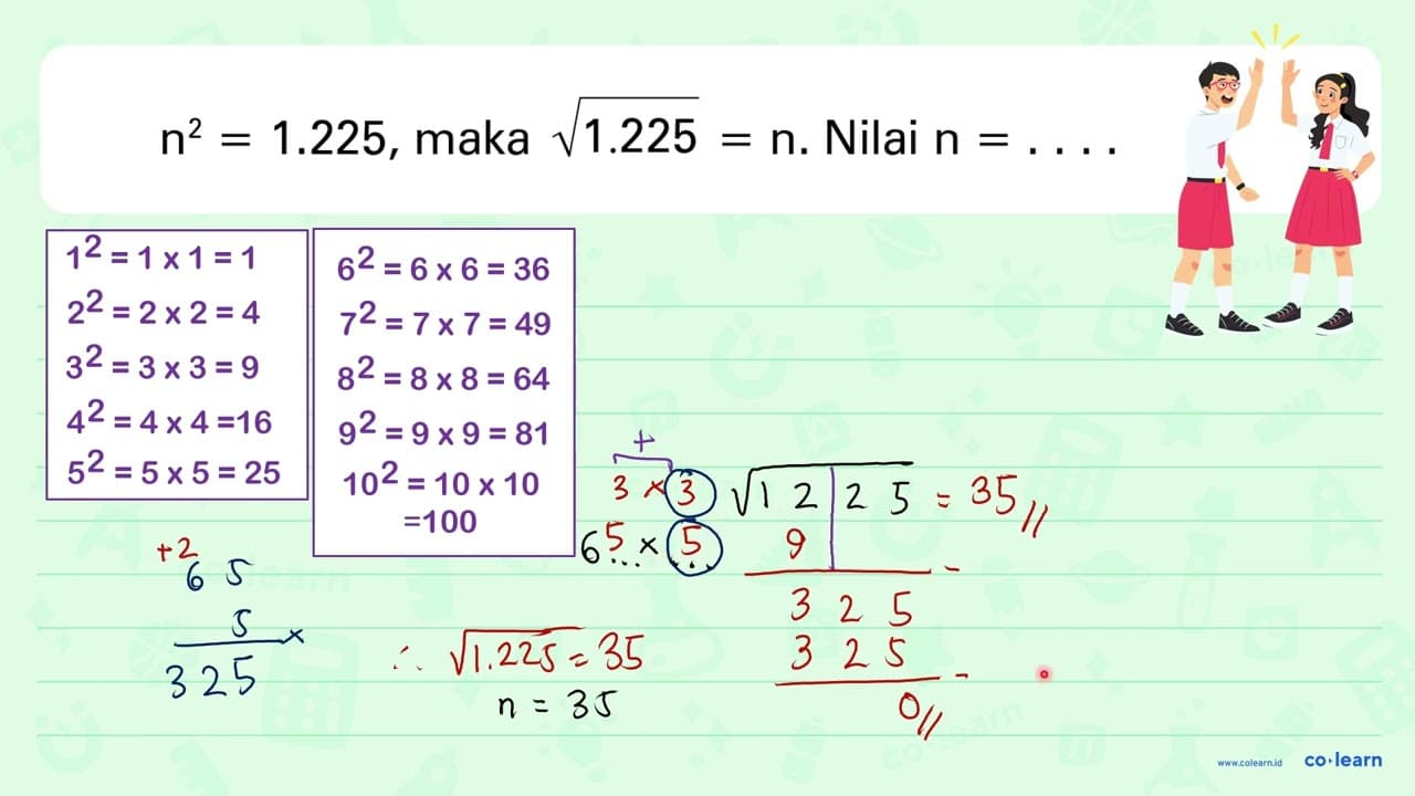 n^2 = 1.225, maka akar(1.225) = n. Nilai n = ...