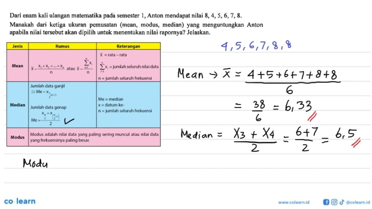 Dari enam kali ulangan matematika pada semester 1, Anton