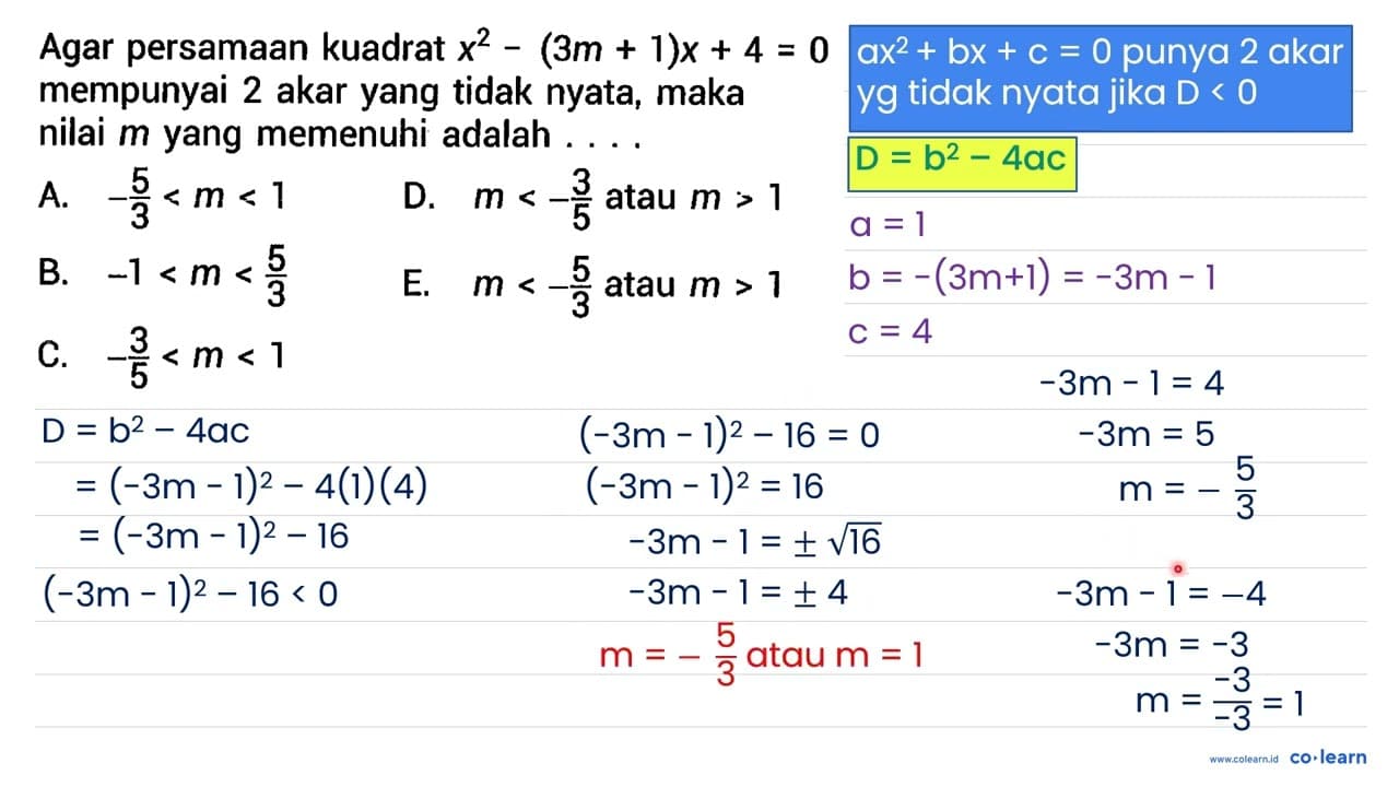 Agar persamaan kuadrat x^(2)-(3 m+1) x+4=0 mempunyai 2 akar