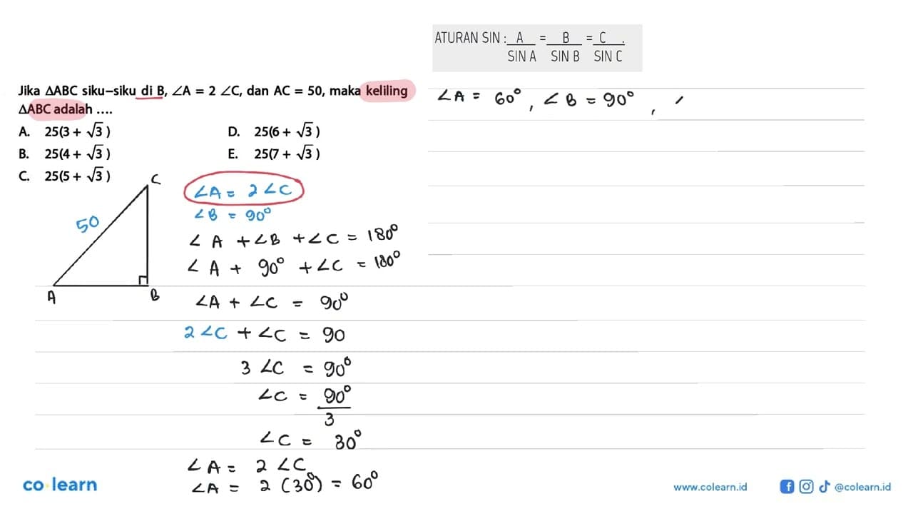 Jika segitiga ABC siku-siku di B,sudut A=2 sudut C, dan