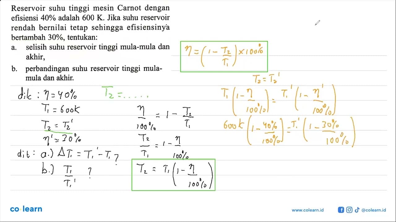 Reservoir suhu tinggi mesin Carnot dengan efisiensi 40%