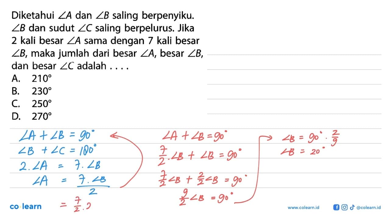 Diketahui sudut A dan sudut B saling berpenyiku. sudut B