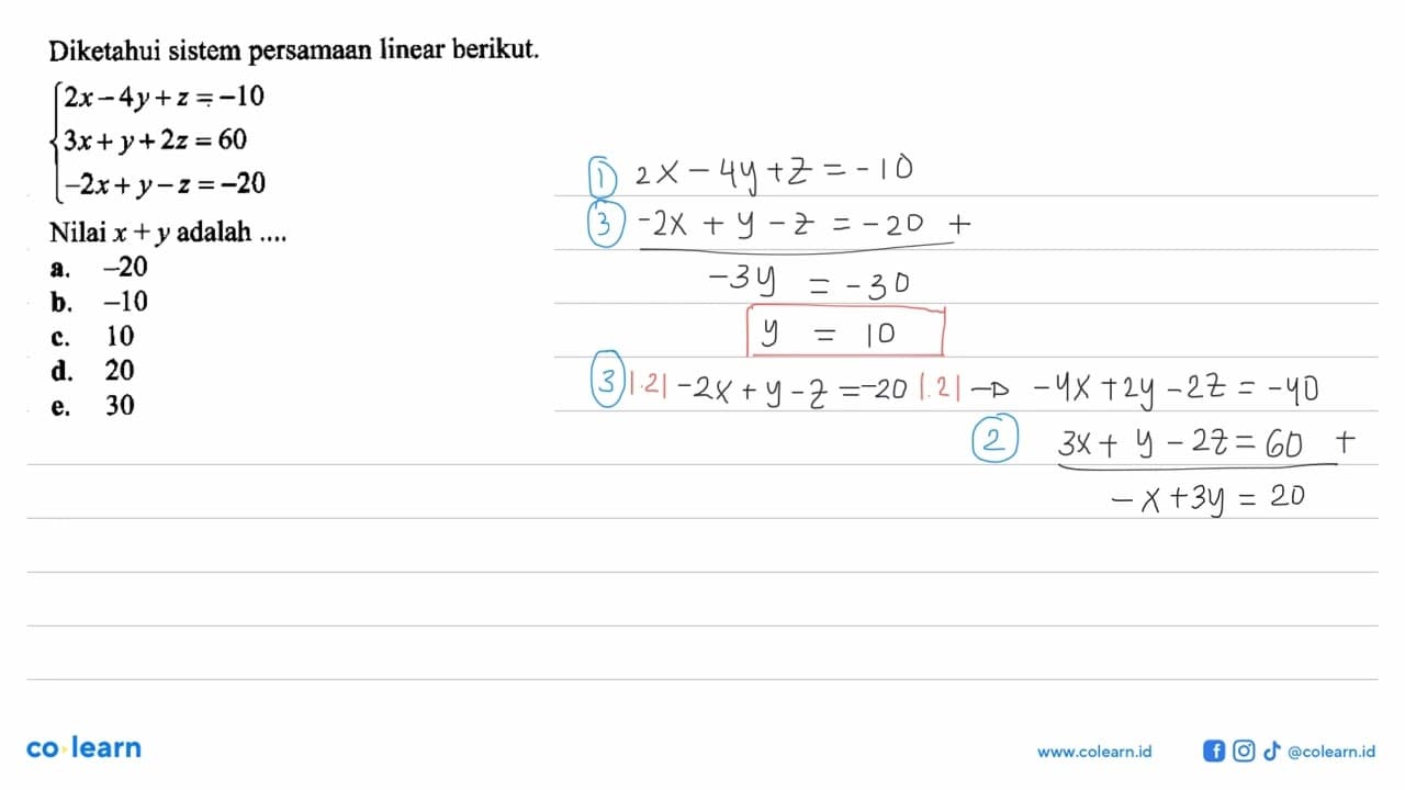 Diketahui sistem persamaan linear berikut.2x-4y+z=-10