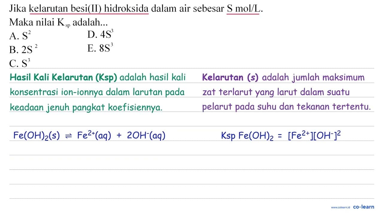 Jika kelarutan besi(II) hidroksida dalam air sebesar S mol