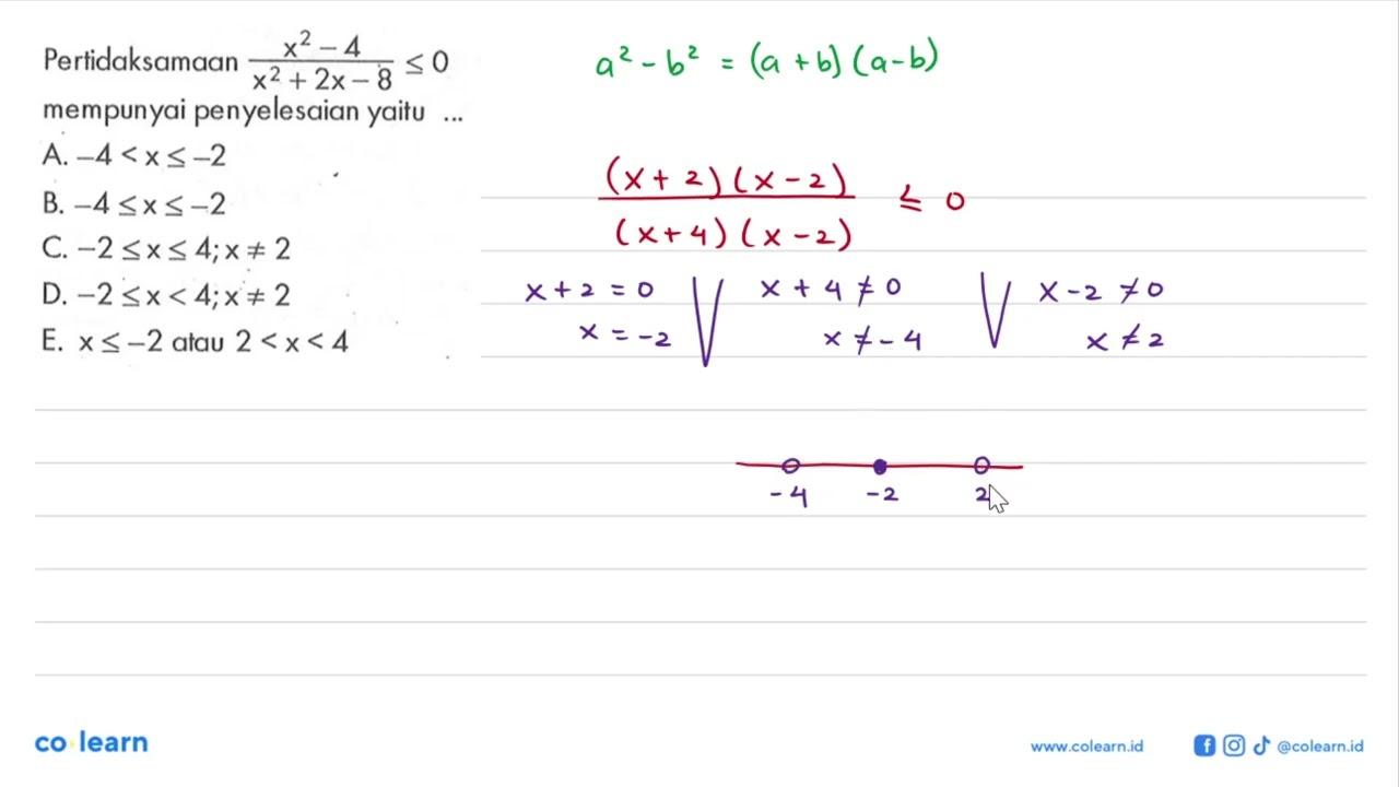 Pertidaksamaan (x^2-4)/(x^2+2x-8)<=0 mempunyai penyelesaian