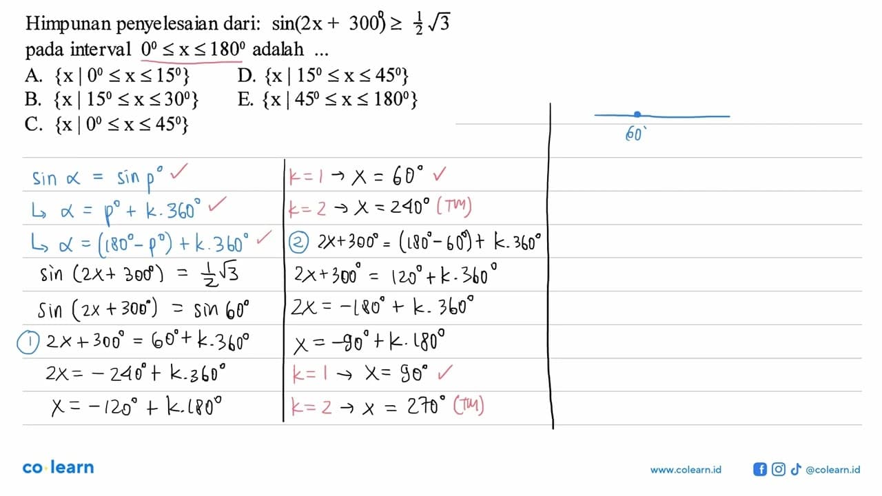 Himpunan penyelesaian dari: sin (2x+300)>=1/2 akar(3) pada