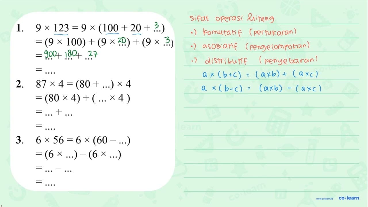 1. 9 x 123 = 9 x (100 + 20 + ...) = (9 x 100) + (9 x ...) +