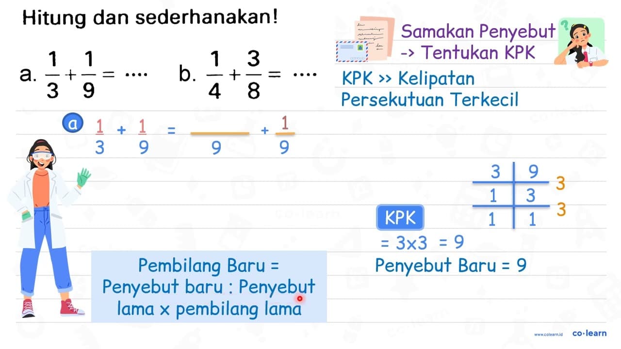 Hitung dan sederhanakan! a. (1)/(3)+(1)/(9)=.. b.