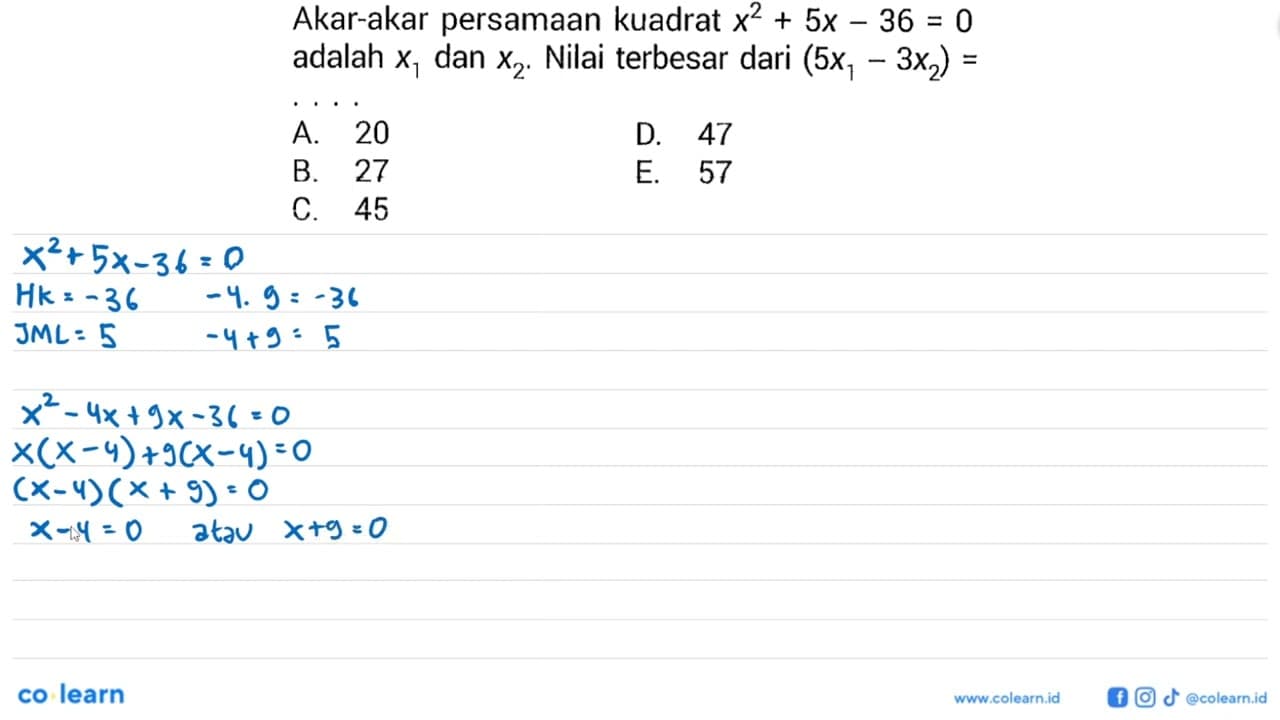 Akar-akar persamaan kuadrat x^2+5x-36=0 adalah x1 dan x2.