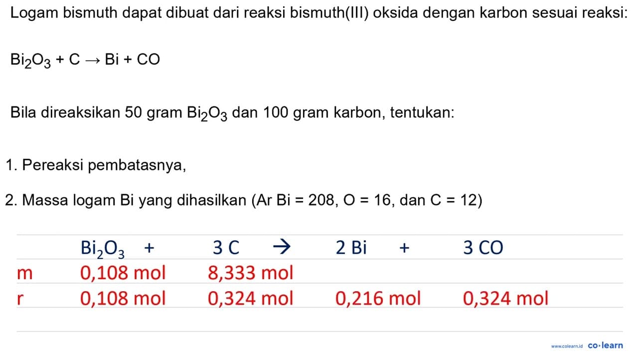 Logam bismuth dapat dibuat dari reaksi bismuth(III) oksida