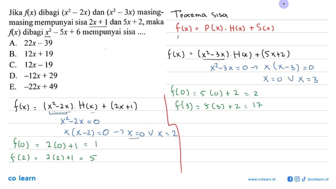 Jika f(x) dibagi (x^2-2x) dan (x^2-3x) masing-masing