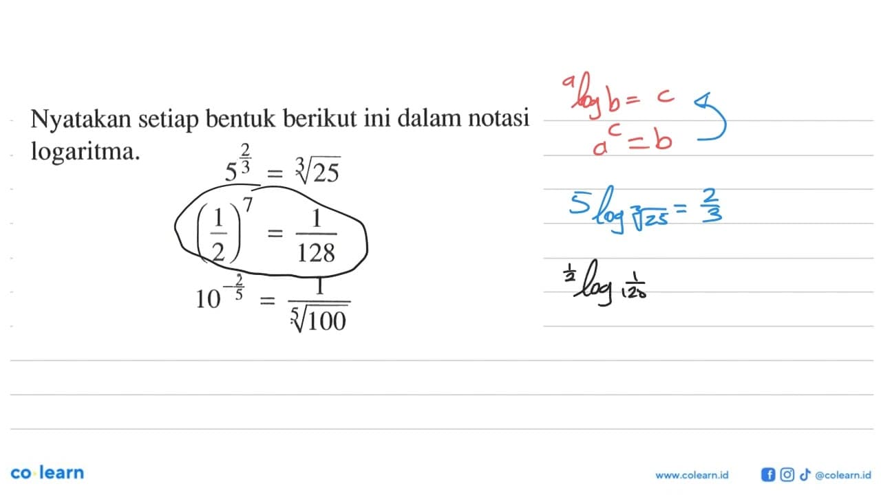 Nyatakan setiap bentuk berikut ini dalam notasi logaritma.